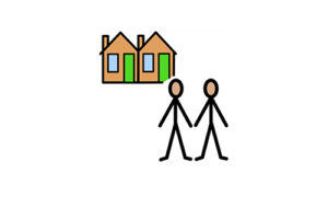 Symbols of two people stood outside two houses