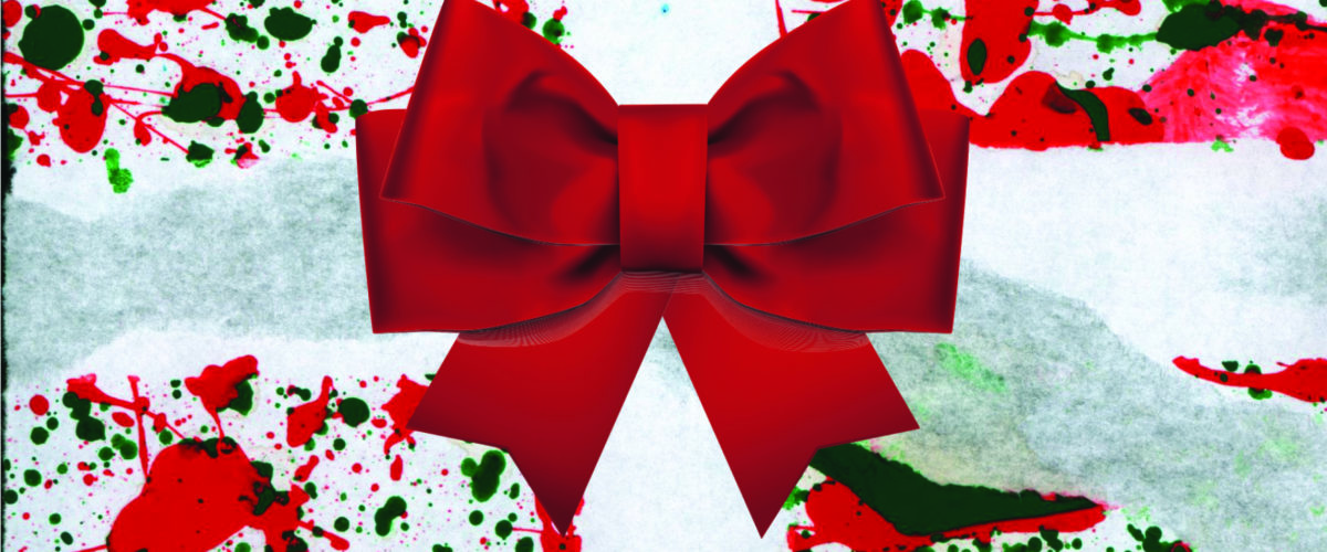 Splatter paint design with red bow over it