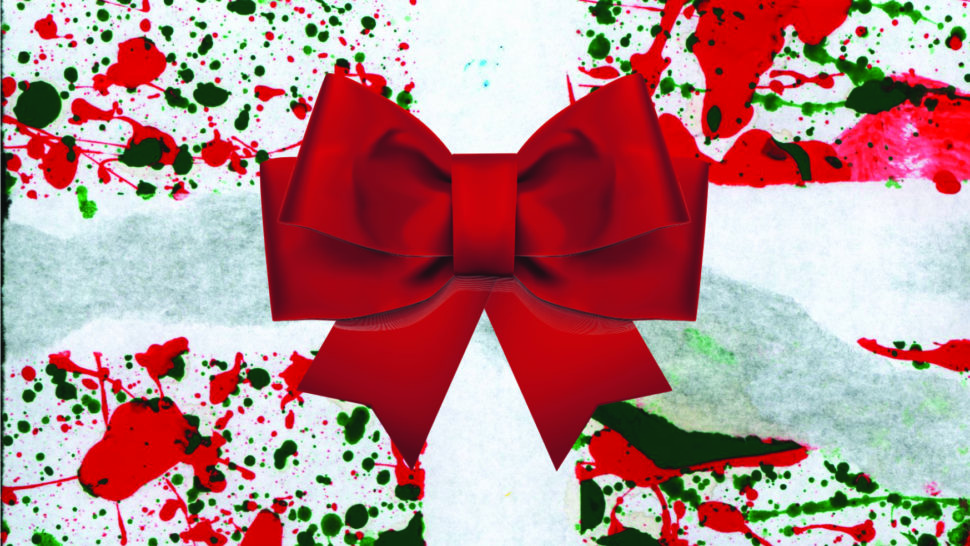 Splatter paint design with red bow over it