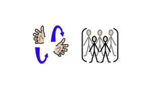 Symbol of hands signing and a group of people