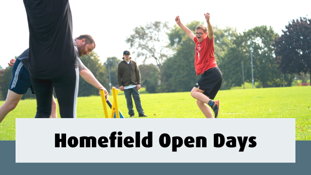 Student cheering playing cricket. Text reads: Homefield Open Days