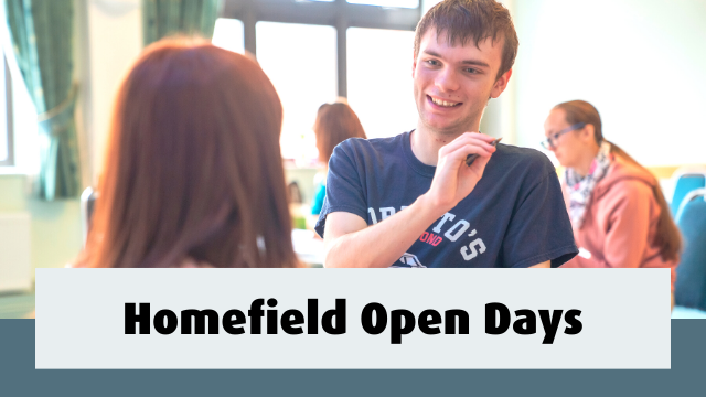 Student talking with tutor. Text reads- Homefield Open Days