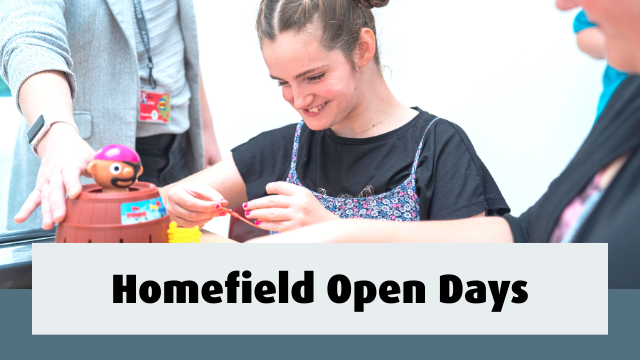 Student having fun playing a game. Text reads- Homefield Open Days