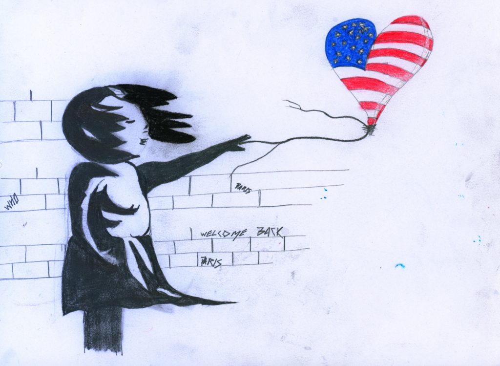 Banksy style drawing of a person letting go of an american flag balloon