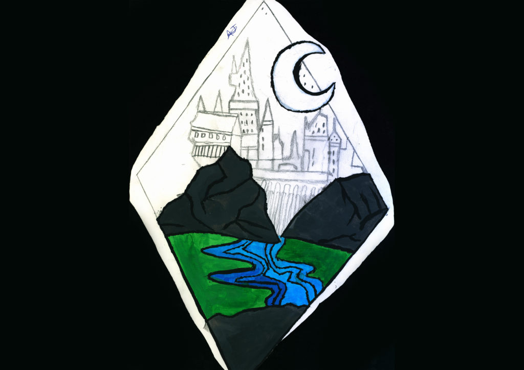 Fantasy drawing of a moon, castle and river
