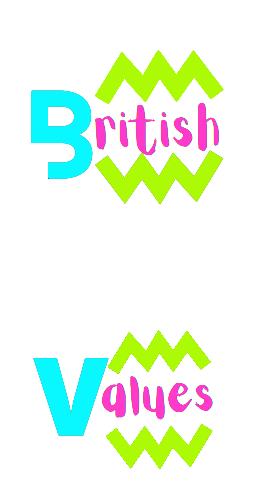 Graphic Design of the words british values in blue, pink and green