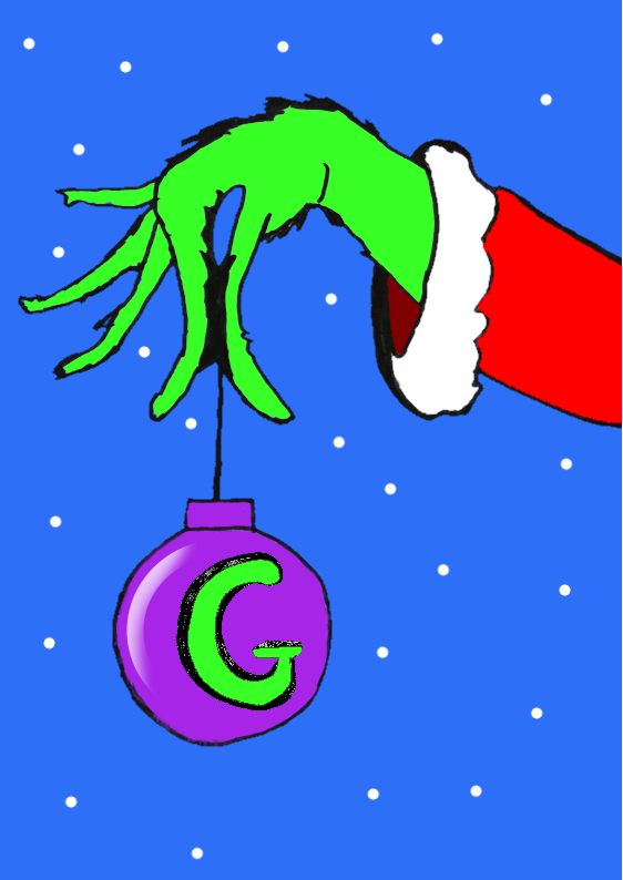 Digital drawing of the Grinch's hand holding a bauble with the letter G on it
