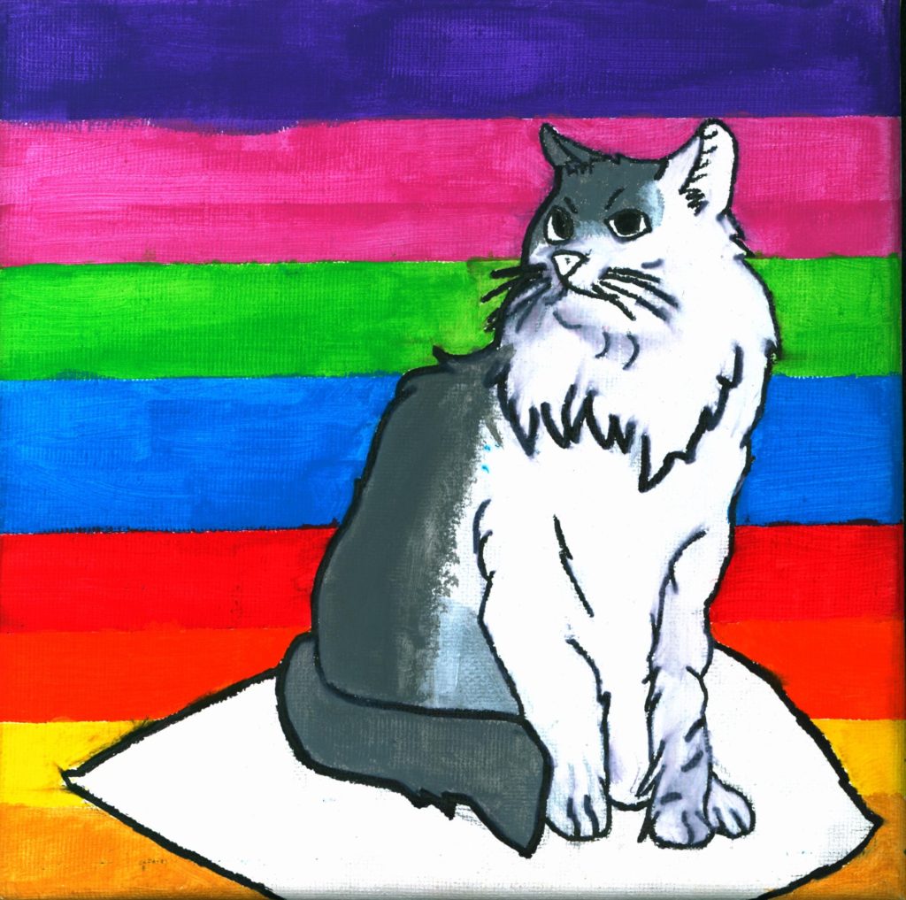 Painting of a white cat on a rainbow background