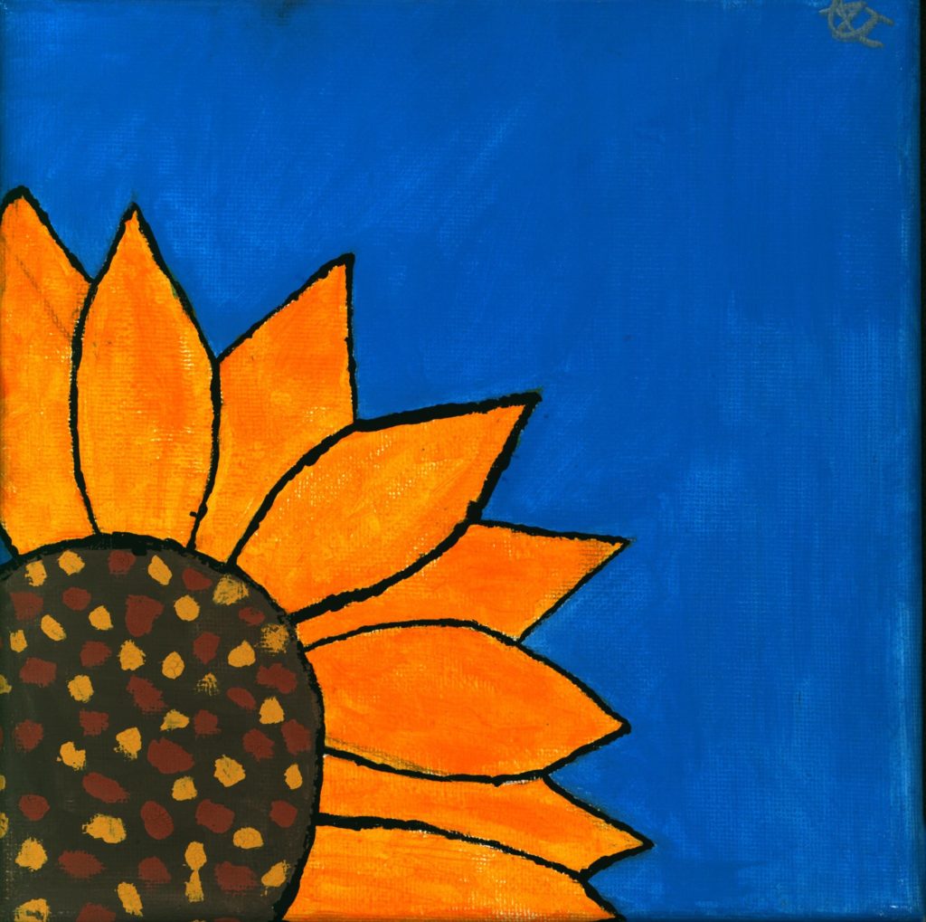 Painting of a sunflower against the blue sky