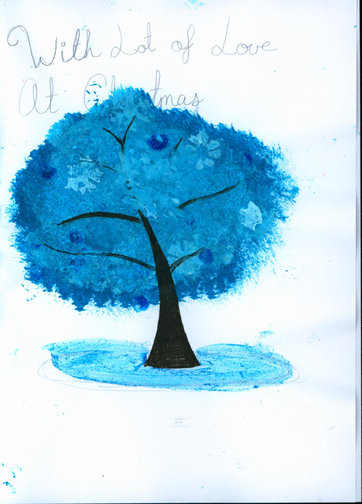 Blue tree created from sponge painting, cotton buds, stencils and glitter