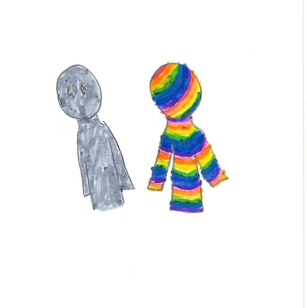 Drawing of the Black person looking sad, and a third rainbow person looking at them