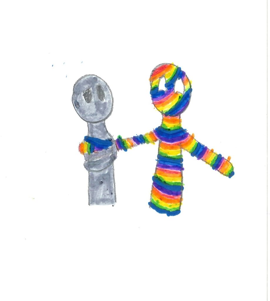 Drawing of the rainbow person holding thier arms out to the Black person