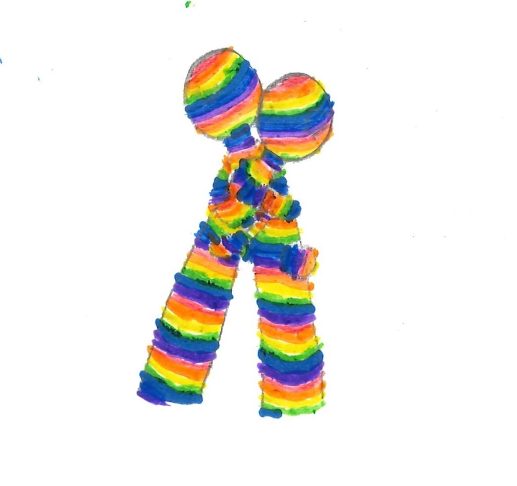 Drawing of the Black person now being rainbow colour whilst hugging the rainbow person