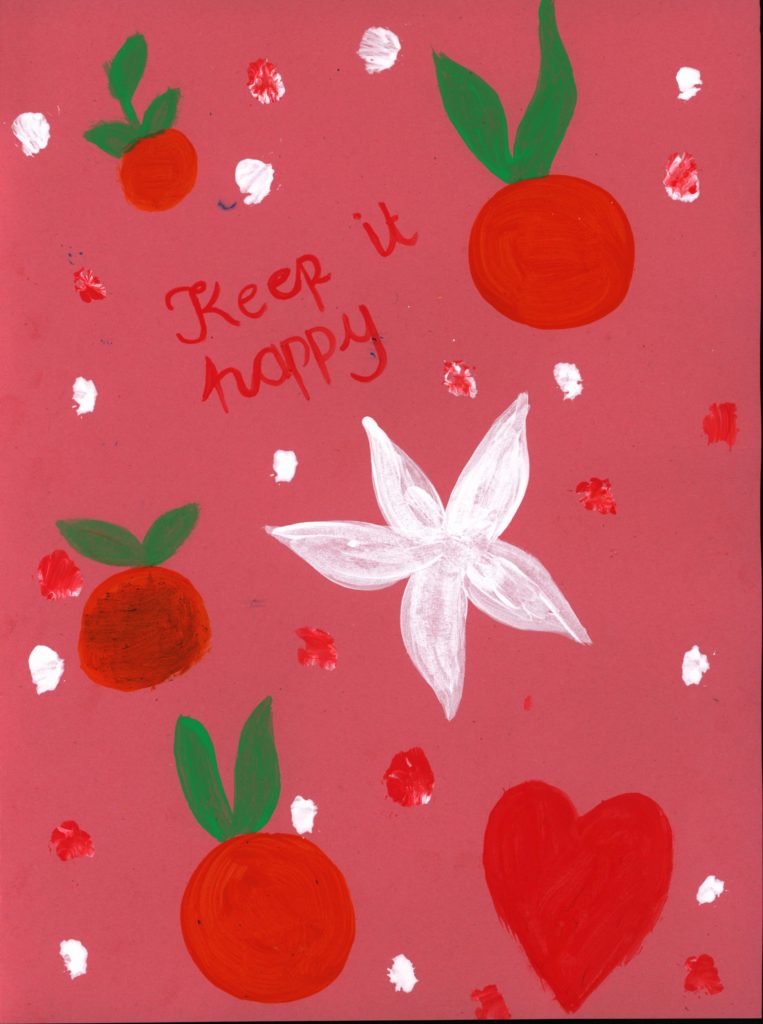 Keep It Happy on a red card with painted cherries and flowers