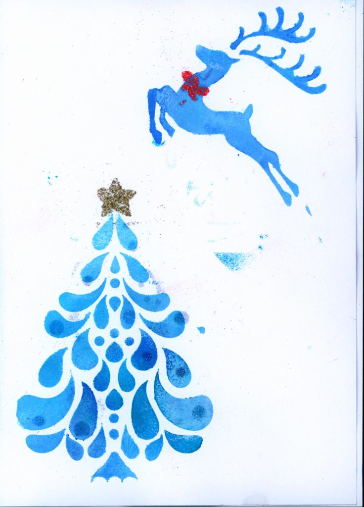 Stencil painting of a deer jumping over a tree