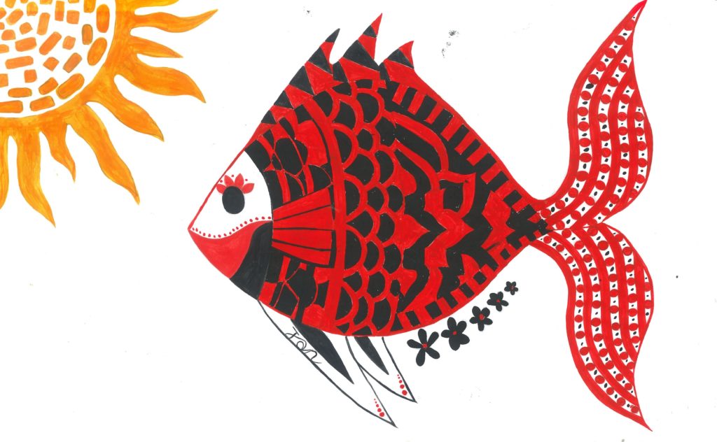 Painting of a patterned red fish and yellow sun