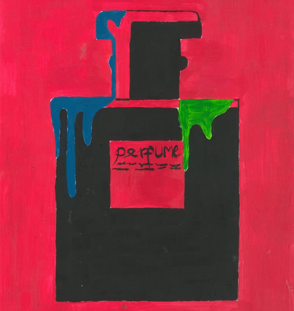 Pop art style painting of a perfume bottle