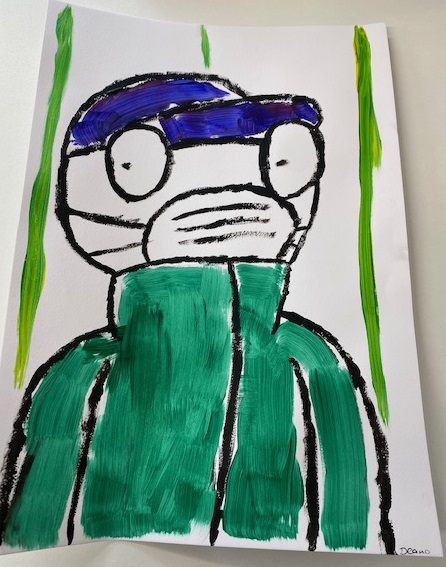 Painted picture of a staff member wearing a green coat and blue hat