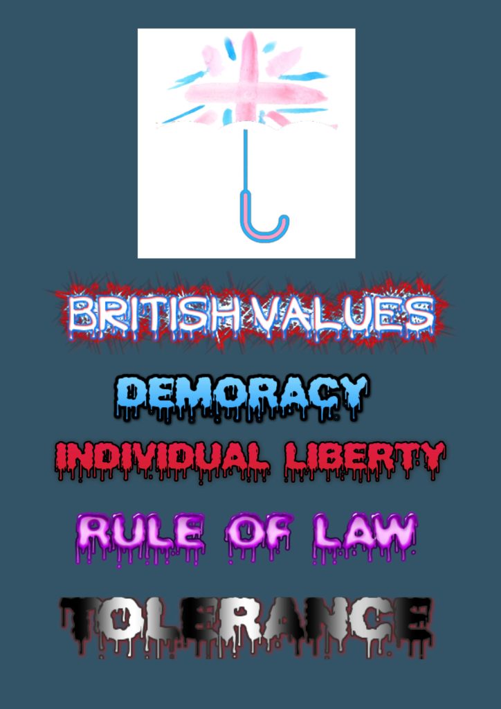 Poster saying British values - democracy, individual liberty, rule of law and tolerance