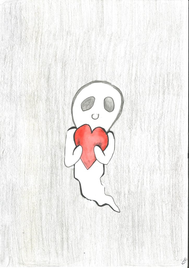 Pencil drawing of a ghost holding a red heart