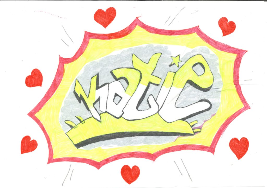 Pop Art style drawing with name Katie in the middle of an explosion