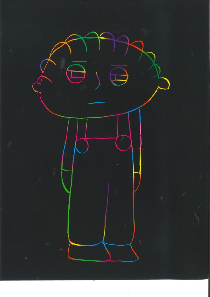 Etched rainbow drawing of a person