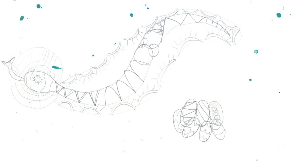 Line drawing of a snake and eggs in tribal art style