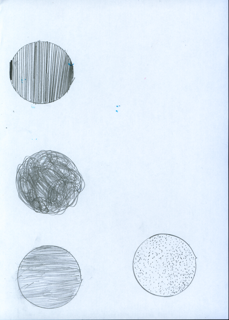 Circle drawings filled with lines, dots and swirls