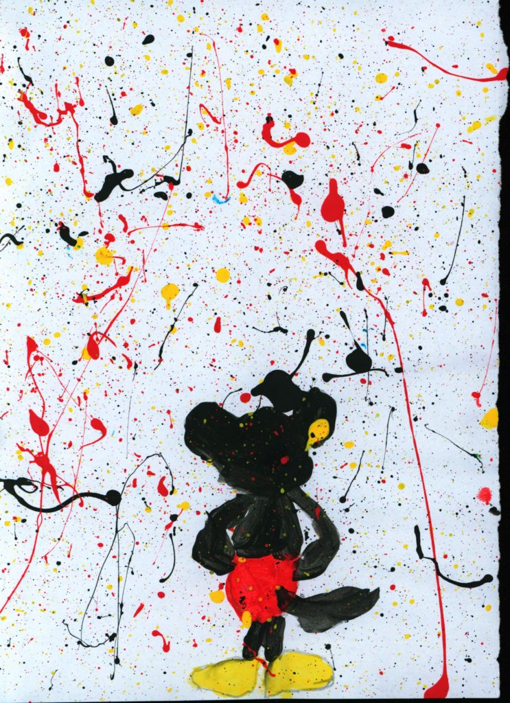 Mickey Mouse painted on top of a splatter paint background in Disney colours
