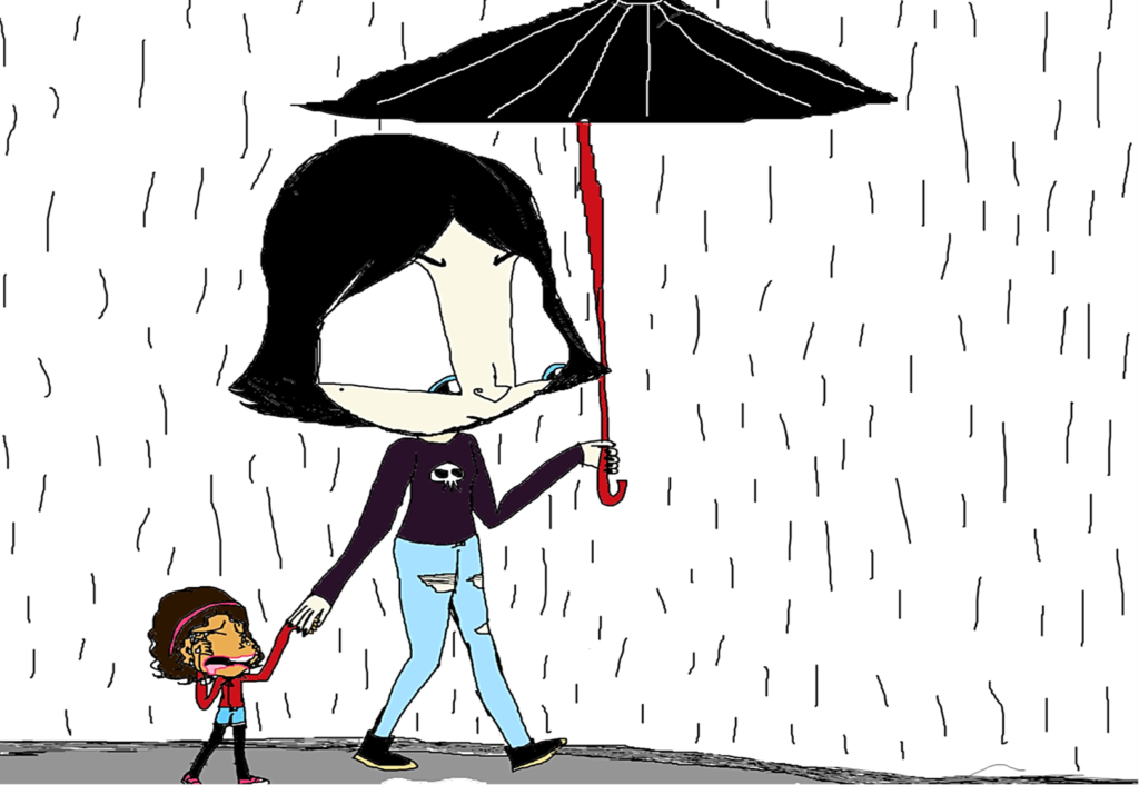 Digital drawing of a woman holding a young girl's hand in the rail