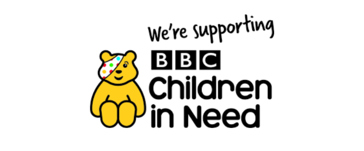 Pudsey Bear and text saying We're supporting BBC Children in Need