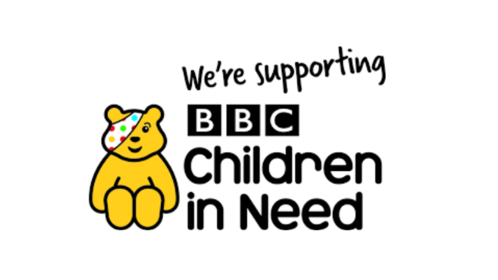 Pudsey Bear and text saying We're supporting BBC Children in Need