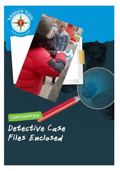 Brochure cover for Detective Case Files Enclosed with picture of students reading clue sheet