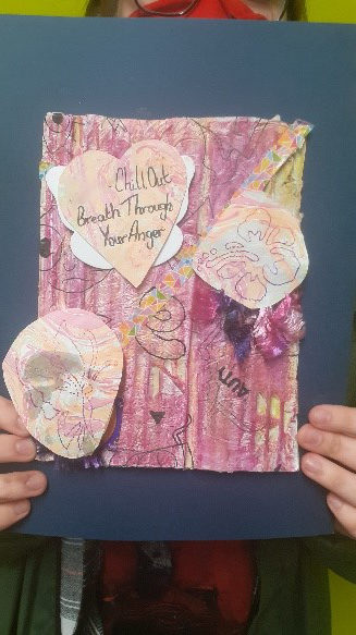 Chill Out mixed media - hearts and flowers on a pink background. Text reads "chill out, breathe through your anger"