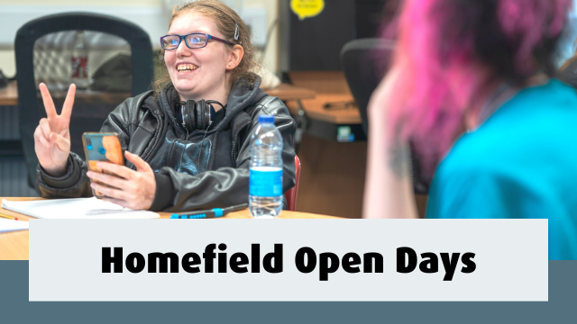 Student laughing with peace sign. Text reads- Homefield Open Days