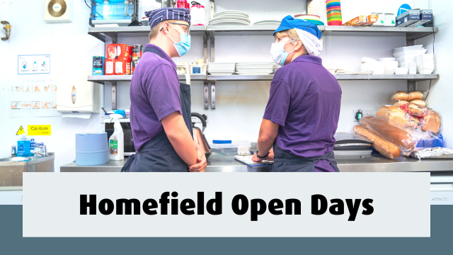 Student and boss talking in kitchen. Text reads- Homefield Open Days