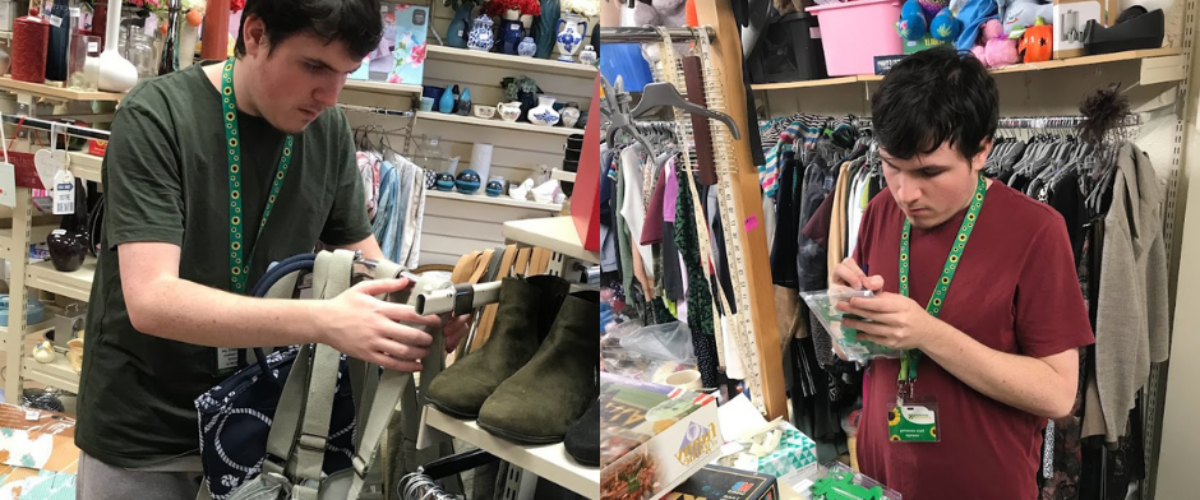 Student Ethan is working in Barnardo's. Left: ethan putting clothes away on hangers on shop floor. Right: Ethan writing price tags