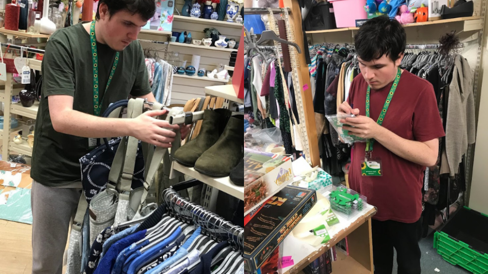 Student Ethan is working in Barnardo's. Left: ethan putting clothes away on hangers on shop floor. Right: Ethan writing price tags