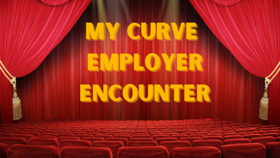 Theatre curtains and seating. Text reads "My Curve Employer Encounter"