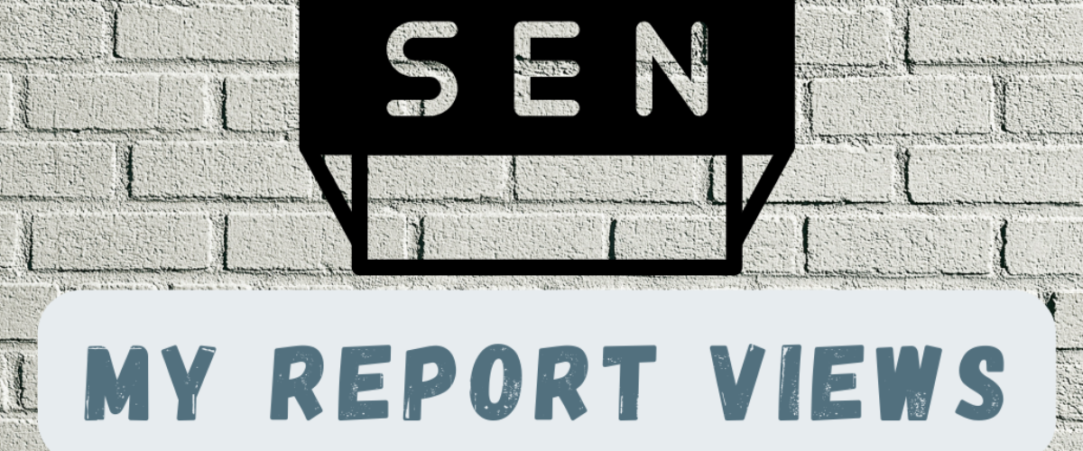 White brick wall with document icon. Text reads "SEN. My report views"