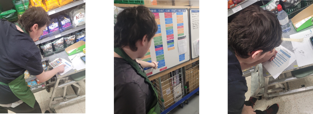 Ethan using task sheet, checking jobs board and ticking off tasks