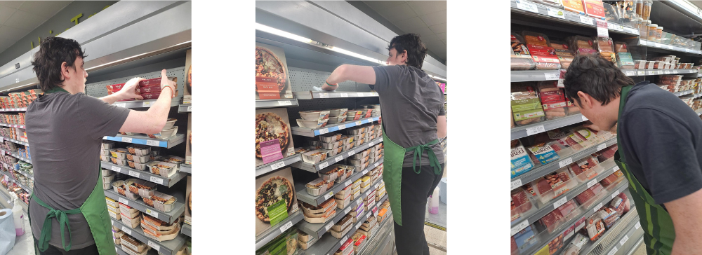 Ethan removing stock, cleaning shelf, and moving products to front of shelf