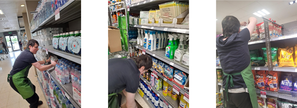 Ethan stocking shelf, looking at stock, and moving products on shelf