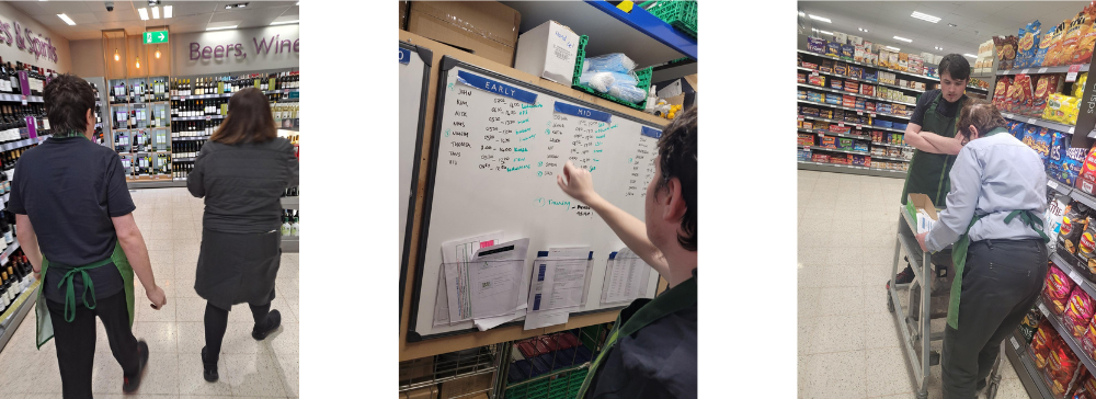 Ethan on a tour with staff member, pointing to rota white board, and talking with colleague