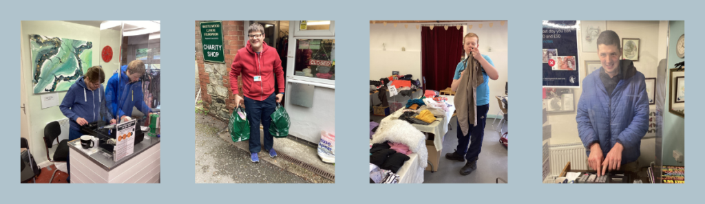 Students working in the charity shop. (1) working together on desk, (2) taking shopping to cars, (3) folding items, (4) on the till