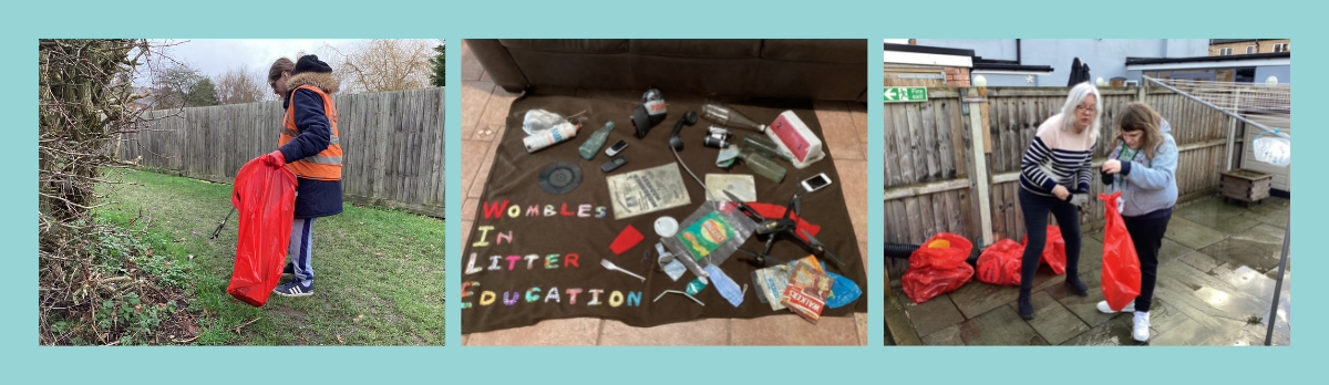 Three landscape images showing litter picking on blue background