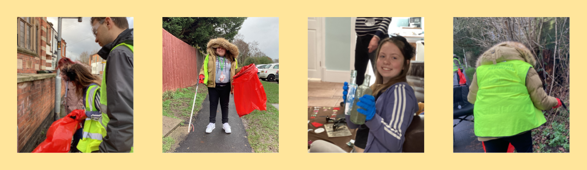 Four portrait images showing rubbish collecting on a yellow background