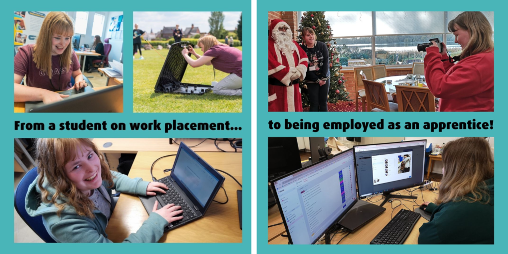 Images showing student on work placement and then being employed as an apprentice