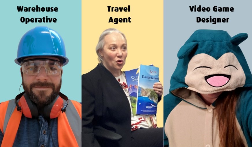 Staff members dressed as a warehouse operative, travel agent and in a snorlax costume to represent video game designer