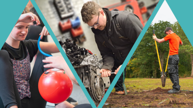 Student playing with sensory item, student working on a car, student digging in ground